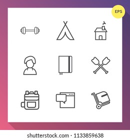 Modern, simple vector icon set on gradient background with backpack, speech, paper, modern, page, water, person, outdoor, oar, rucksack, female, strength, baggage, paddle, profile, fit, camp icons