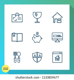 Modern, simple vector icon set on gradient background with open, house, web, architecture, pattern, kitchen, business, crack, click, dinner, destruction, name, broken, protection, security, fork icons