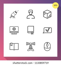 Modern, simple vector icon set on gradient background with male, open, communication, science, people, library, young, chat, astronomy, box, education, space, book, boy, container, music, device icons
