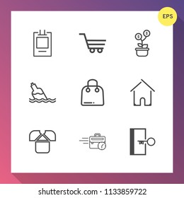 Modern, simple vector icon set on gradient background with business, finance, trolley, banner, exit, store, money, bottle, white, water, drink, home, buy, cart, sign, late, liquid, building, tag icons