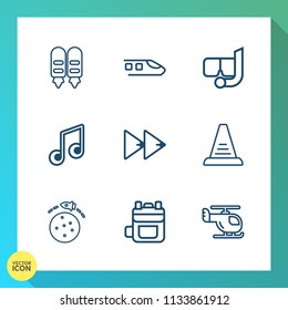 Modern, simple vector icon set on gradient background with mask, leather, train, rucksack, equipment, sound, locomotive, snorkel, up, bag, beach, ladder, button, underwater, transport, , concept icons