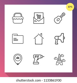 Modern, simple vector icon set on gradient background with eiffel, supermarket, paris, megaphone, outdoor, retail, drill, musical, announcement, job, estate, paper, work, hand, basket, meal icons