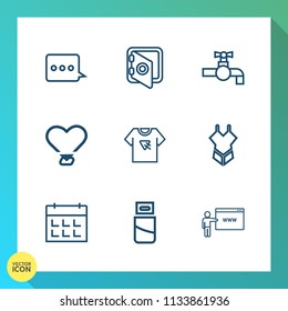 Modern, simple vector icon set on gradient background with message, calendar, time, tshirt, timetable, communication, woman, print, clean, secure, security, plug, sink, business, protection, go icons