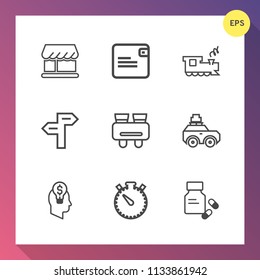 Modern, simple vector icon set on gradient background with modern, rail, suitcase, timer, arrow, curtain, dollar, direction, cash, locomotive, railroad, search, vision, track, speed, luggage icons