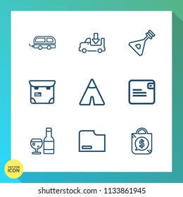 Modern, simple vector icon set on gradient background with bag, lorry, outdoor, freight, paper, truck, transportation, wine, money, sale, wallet, transport, pretty, drink, passenger, sign, phone icons