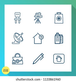 Modern, simple vector icon set on gradient background with bag, wireless, equipment, technology, communication, movie, owner, dish, interior, seat, vintage, tripod, write, retro, furniture, real icons