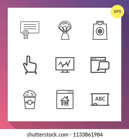 Modern, simple vector icon set on gradient background with online, gift, shop, travel, blackboard, fashion, background, touch, success, honor, achievement, click, technology, hand, estate, drink icons