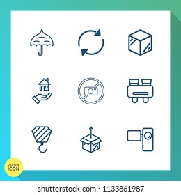 Modern, simple vector icon set on gradient background with refresh, open, search, umbrella, white, construction, retro, sign, tripod, property, container, watch, home, rent, camera, rain, button icons