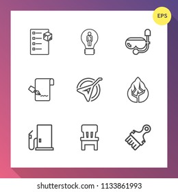 Modern, simple vector icon set on gradient background with fuel, cargo, music, creative, list, nature, snorkel, chair, comfortable, paintbrush, tree, petrol, concept, summer, water, gasoline icons