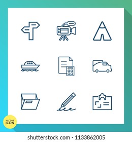Modern, simple vector icon set on gradient background with arrow, video, camp, write, file, adventure, finance, choice, pen, personal, camera, boat, identity, water, education, professional, van icons