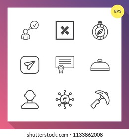 Modern, simple vector icon set on gradient background with management, certificate, crane, diploma, bag, construction, nautical, elegant, template, suitcase, screen, success, luggage, white, web icons