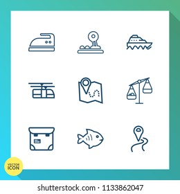 Modern, simple vector icon set on gradient background with balance, map, location, scale, travel, weight, arrow, phone, cloth, web, fish, food, pretty, blue, road, water, pin, boat, transport icons