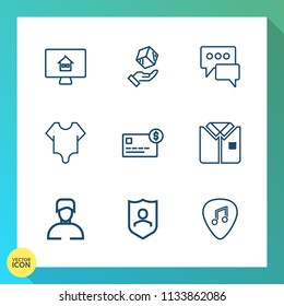 Modern, simple vector icon set on gradient background with chat, estate, balance, package, delivery, protect, speech, property, tshirt, man, buy, computer, protection, boy, message, care, home icons