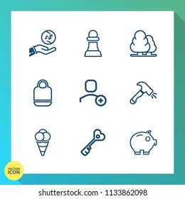 Modern, simple vector icon set on gradient background with shovel, style, cash, construction, cream, user, game, forest, strategy, landscape, dessert, economy, environment, account, sign, house icons
