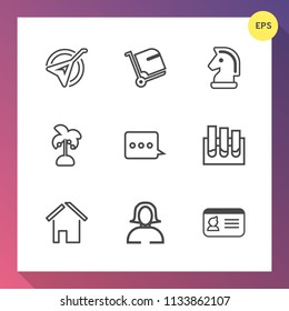 Modern, simple vector icon set on gradient background with luggage, tropical, woman, play, bag, sound, chess, estate, sign, architecture, airport, building, lady, identification, laboratory, id icons