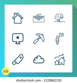 Modern, simple vector icon set on gradient background with fish, sign, equipment, communication, animal, meat, increase, chat, picking, food, pc, fishing, construction, real, computer, digital icons