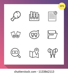 Modern, simple vector icon set on gradient background with analysis, folder, leg, fast, house, paper, medical, test, technology, underwater, headset, find, concept, flipper, pin, snack, estate icons