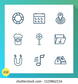 Modern, simple vector icon set on gradient background with garbage, pool, rubbish, summer, air, calendar, magnetic, musical, water, point, box, ventilator, melody, field, mug, swim, music, drink icons