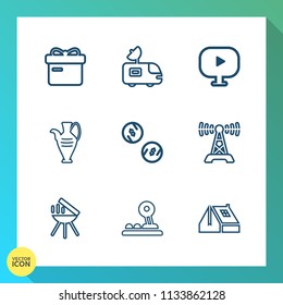 Modern, simple vector icon set on gradient background with meat, finance, ribbon, music, cash, antenna, video, christmas, equipment, money, sign, barbecue, jug, news, construction, satellite, tv icons