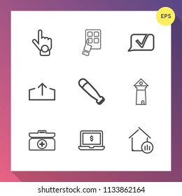 Modern, simple vector icon set on gradient background with hand, white, baseball, chat, index, emergency, finger, laptop, equipment, gesture, cross, house, business, europe, kit, human, sport icons