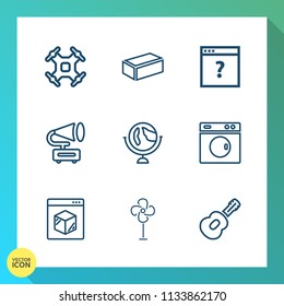 Modern, simple vector icon set on gradient background with technology, internet, vintage, musical, washer, world, global, business, propeller, ventilator, equipment, unknown, aircraft, aerial icons