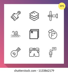 Modern, simple vector icon set on gradient background with fahrenheit, temperature, plane, business, water, person, information, fly, white, computer, data, musical, internet, swimming, file icons