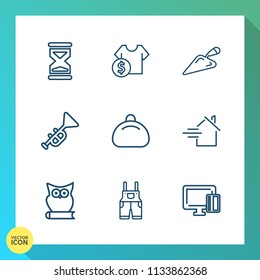 Modern, simple vector icon set on gradient background with bag, rent, equipment, price, card, clock, time, store, shovel, countdown, property, jazz, minute, house, estate, owl, hourglass, bugle icons