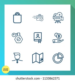 Modern, simple vector icon set on gradient background with internet, winner, presentation, giving, map, present, technology, video, beauty, computer, gift, camera, retro, chart, book, contact icons