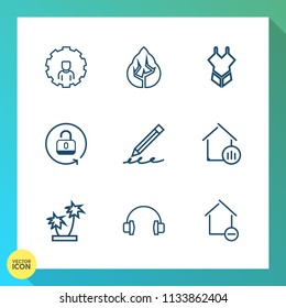 Modern, simple vector icon set on gradient background with pencil, account, website, plant, nature, write, wood, house, concept, bikini, forest, open, summer, pine, palm, business, protection icons