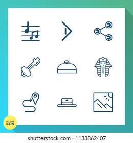 Modern, simple vector icon set on gradient background with internet, lock, right, musical, ancient, scenery, egyptian, sound, photo, pharaoh, vintage, share, arrow, cap, culture, luggage, media icons