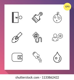 Modern, simple vector icon set on gradient background with kite, tool, planet, summer, science, , fire, joy, astronaut, hammer, shovel, exit, flag, online, emergency, rocket, craft, fun, finance icons