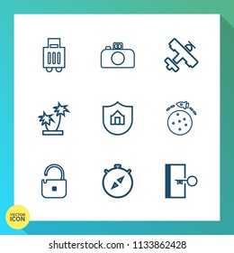 Modern, simple vector icon set on gradient background with bag, tree, summer, travel, film, tropical, door, north, camera, palm, photo, sign, direction, home, compass, suitcase, flight, security icons