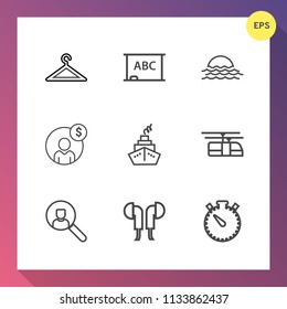 Modern, simple vector icon set on gradient background with internet, account, accounting, nature, shop, morning, clothes, hanger, computer, train, sunrise, finance, education, technology, timer icons