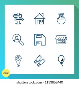 Modern, simple vector icon set on gradient background with celebration, technology, balloon, search, sign, handle, curtain, home, property, doorknob, door, room, glasses, equipment, house, map icons
