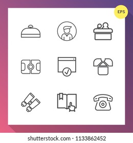 Modern, simple vector icon set on gradient background with white, tshirt, baggage, mobile, speaker, man, presentation, tourist, fashion, cell, luggage, bag, open, pitch, telephone, watch, shirt icons