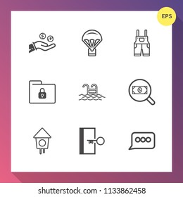 Modern, simple vector icon set on gradient background with hand, bank, banking, blue, speech, finance, parachuting, folder, concept, wear, jump, sign, security, safety, business, air, lock, sky icons