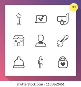 Modern, simple vector icon set on gradient background with profile, object, fashion, man, sign, hat, award, industry, message, talk, internet, prize, sea, business, medal, head, vintage, snorkel icons