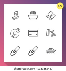 Modern, simple vector icon set on gradient background with cuisine, water, glasses, account, dinner, plastic, home, house, hairdresser, fashion, accounting, soup, hair, financial, construction icons