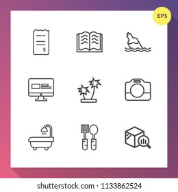 Modern, simple vector icon set on gradient background with kitchen, drink, business, open, money, film, clean, camera, web, summer, pay, bathroom, textbook, modern, water, fork, spoon, document icons