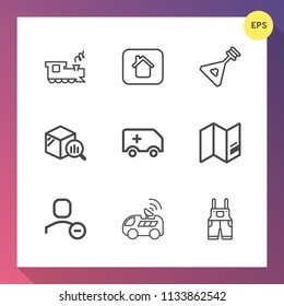 Modern, simple vector icon set on gradient background with railway, map, folk, speed, railroad, report, delete, trend, work, vehicle, string, web, user, musical, car, building, statistic, window icons