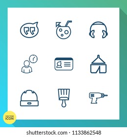 Modern, simple vector icon set on gradient background with head, adventure, speech, business, hat, fashion, talk, camp, hand, nature, sound, cap, drill, cocktail, document, identification, chat icons