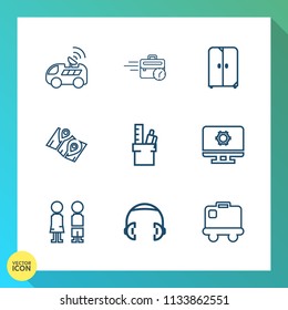 Modern, simple vector icon set on gradient background with work, night, equipment, headphone, cabinet, decorative, navigation, stationery, desk, office, people, house, travel, road, decoration icons