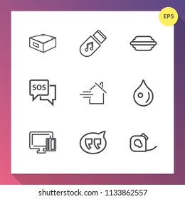 Modern, simple vector icon set on gradient background with house, bun, sandwich, liquid, burger, sign, payment, lettuce, tape, cabinet, danger, shopping, music, property, sos, chat, drop, office icons