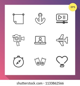 Modern, simple vector icon set on gradient background with sticky, heart, water, film, east, interface, handle, camera, flight, player, note, compass, north, stick, blank, south, board, nautical icons