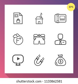 Modern, simple vector icon set on gradient background with new, property, pole, office, scale, people, wear, home, science, employer, food, banking, fashion, financial, phone, video, media, sign icons