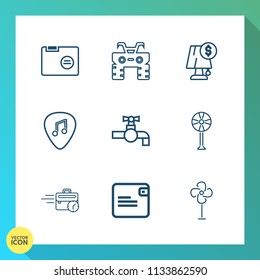 Modern, simple vector icon set on gradient background with office, quad, fan, dirt, late, bulb, purse, money, extreme, lamp, musical, bathroom, race, computer, electric, transportation, sink icons