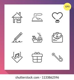 Modern, simple vector icon set on gradient background with rod, domestic, music, housework, pen, heart, modern, war, real, hook, household, marine, gift, home, ship, mail, present, military, sea icons