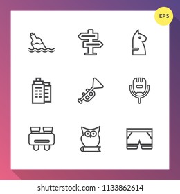 Modern, simple vector icon set on gradient background with bugle, clean, music, song, shorts, search, animal, health, glasses, chessboard, horse, business, karaoke, fashion, building, microphone icons