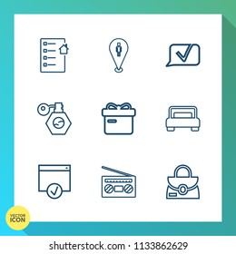 Modern, simple vector icon set on gradient background with web, talk, object, leather, page, bag, house, bed, location, beauty, present, fashion, communication, mortgage, record, chat, sign, box icons