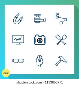 Modern, simple vector icon set on gradient background with magnetic, photographer, doctor, equipment, shovel, sky, medical, map, fashion, idea, water, paddle, photo, field, location, technology icons